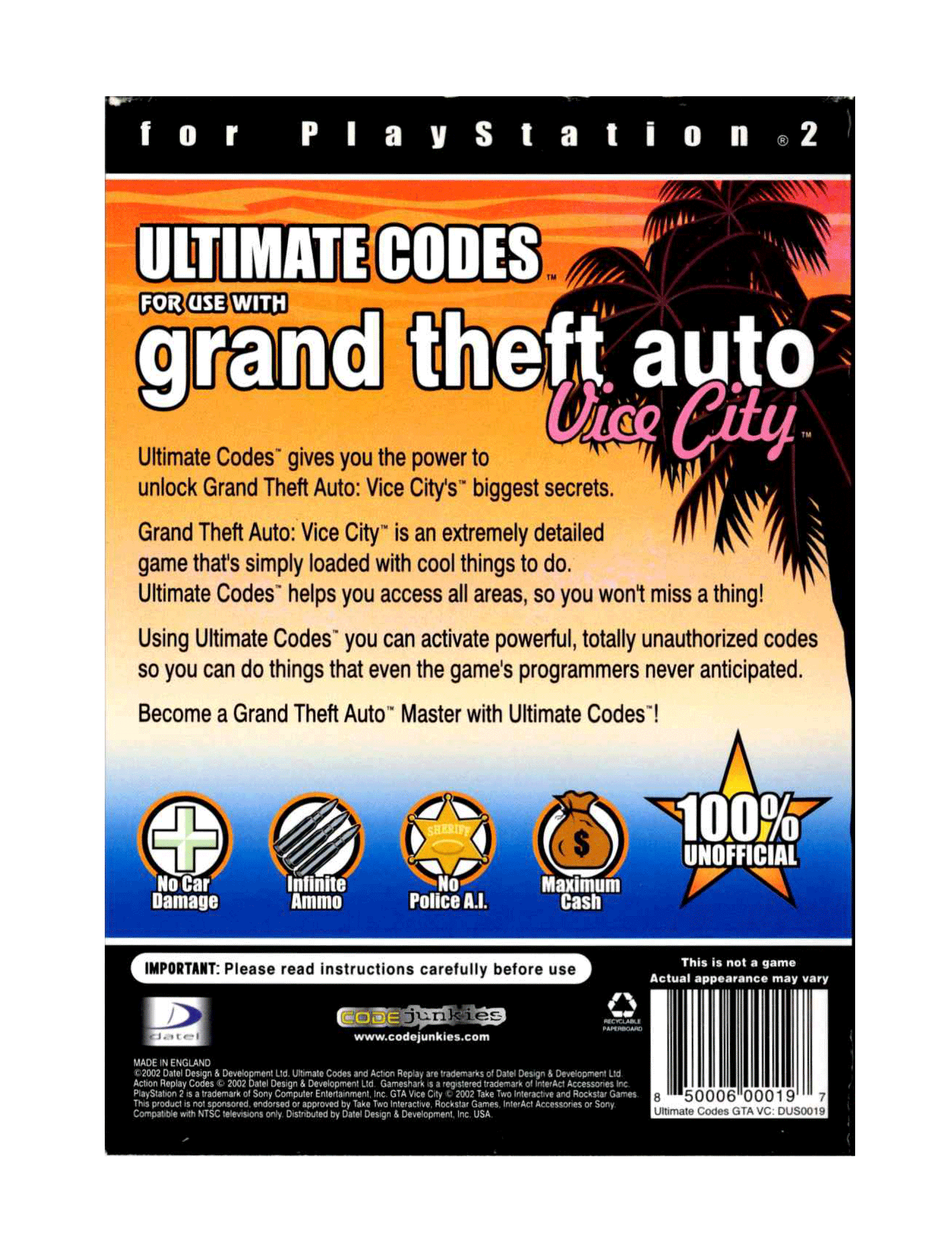 Ultimate Codes for use with Grand Theft Auto Vice City (cib)