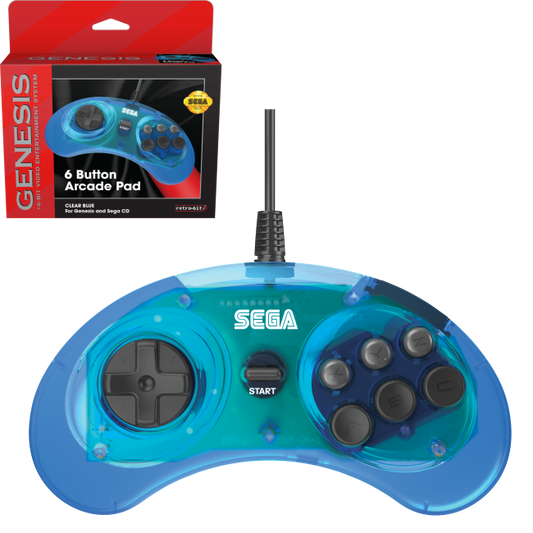6-Button Wired Arcade Pad Controller for Sega Genesis® (Clear Blue) [Licensed]