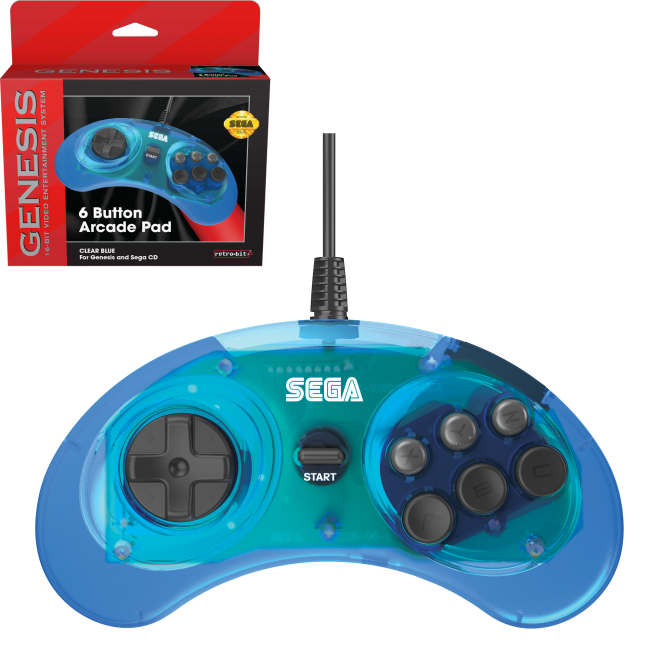 6-Button Wired Arcade Pad Controller for Sega Genesis® (Clear Blue) [Licensed]