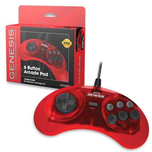 6-Button Wired Arcade Pad Controller for Sega Genesis® (Clear Red) [Licensed]